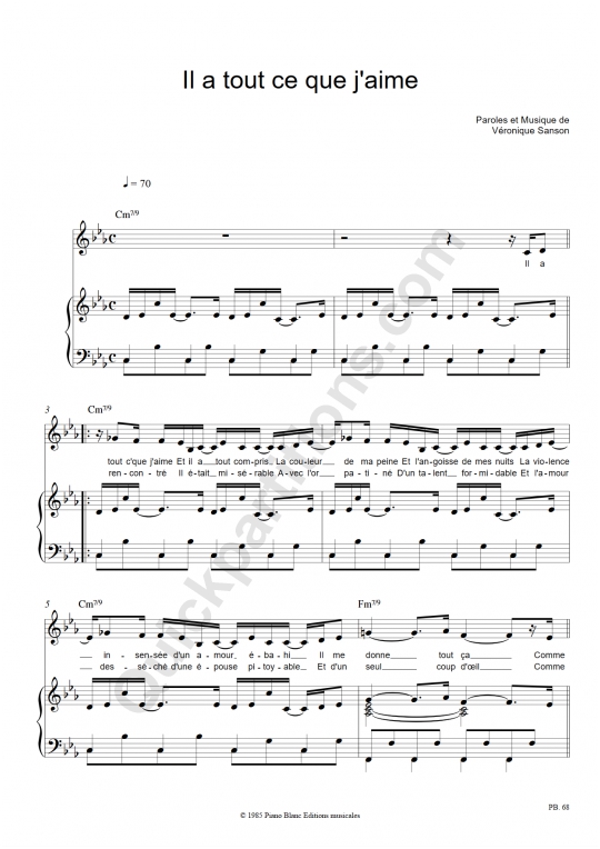 Partition piano Il a tout ce que j'aime de Véronique Sanson