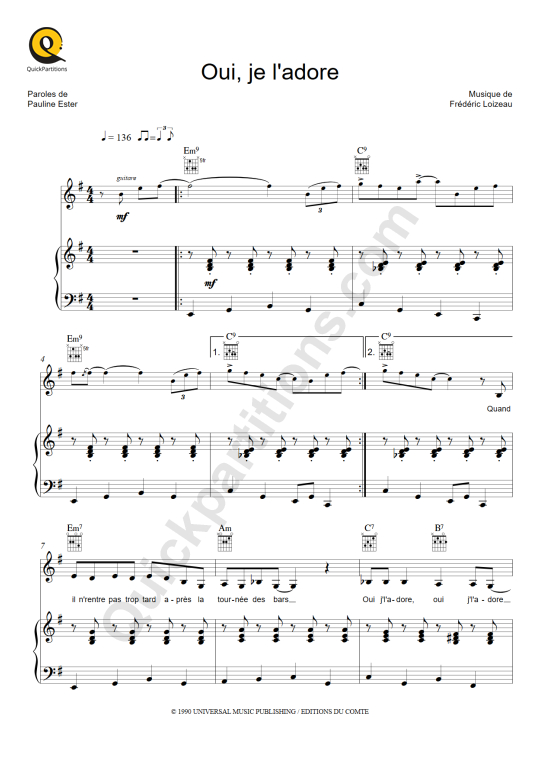 Partition piano Oui je l'adore de Pauline Ester