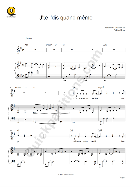 Partition piano J'te l'dis quand même Patrick Bruel (Partition Digitale)