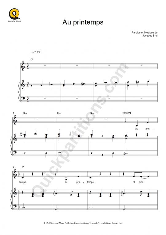 Partition piano Au printemps Jacques Brel (Partition Digitale)