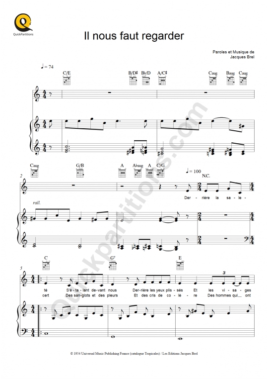 Partition piano Il nous faut regarder Jacques Brel (Partition Digitale)