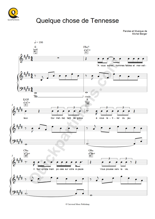 Partition piano Quelque chose de Tennessee Johnny Hallyday (Partition