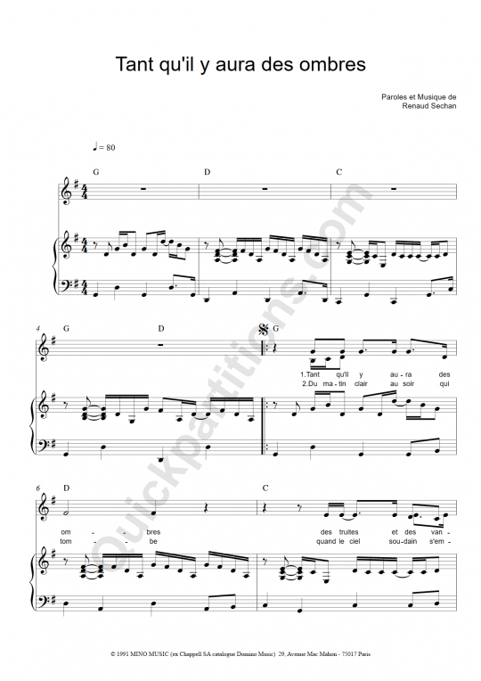 Partition piano Tant Qu'il Y Aura Des Ombres Renaud (Partition Digitale)