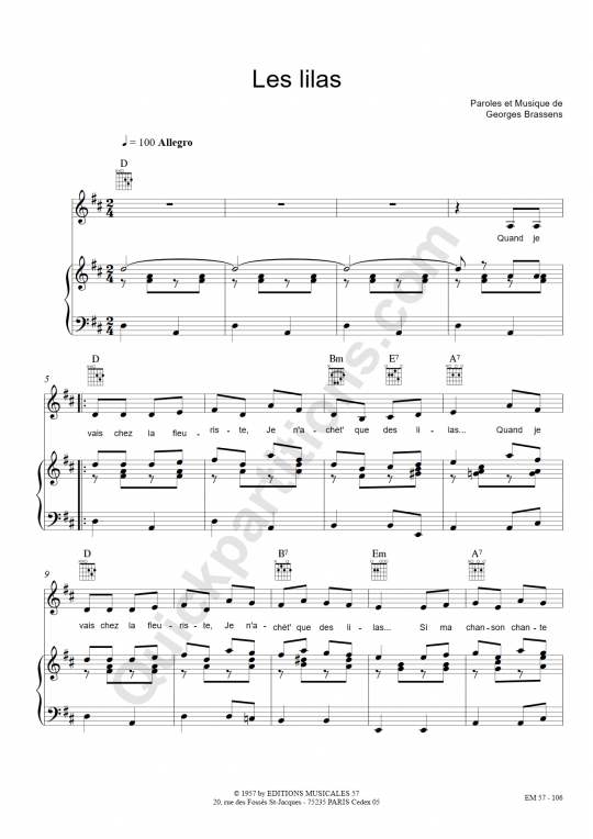 Partition piano Les Lilas de Brassens