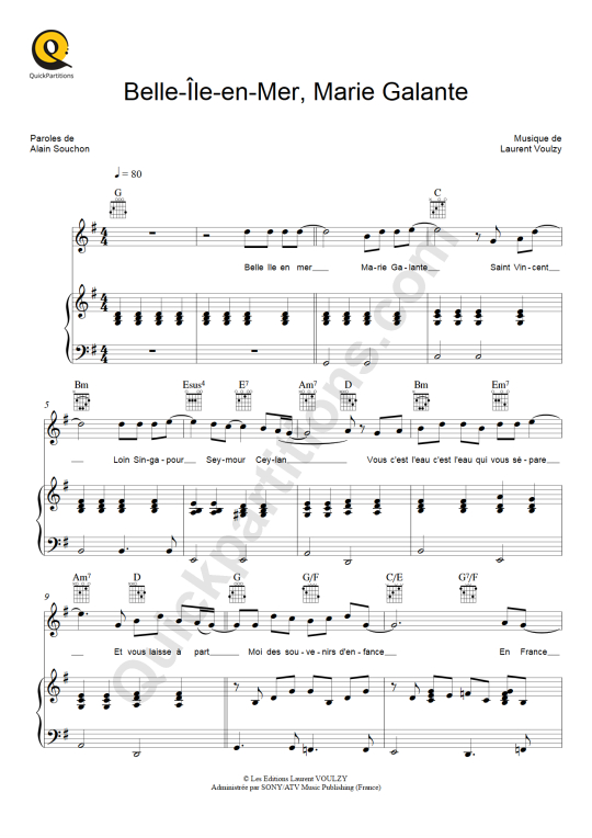 Partition piano Belle Ile en Mer, Marie Galante de Laurent Voulzy