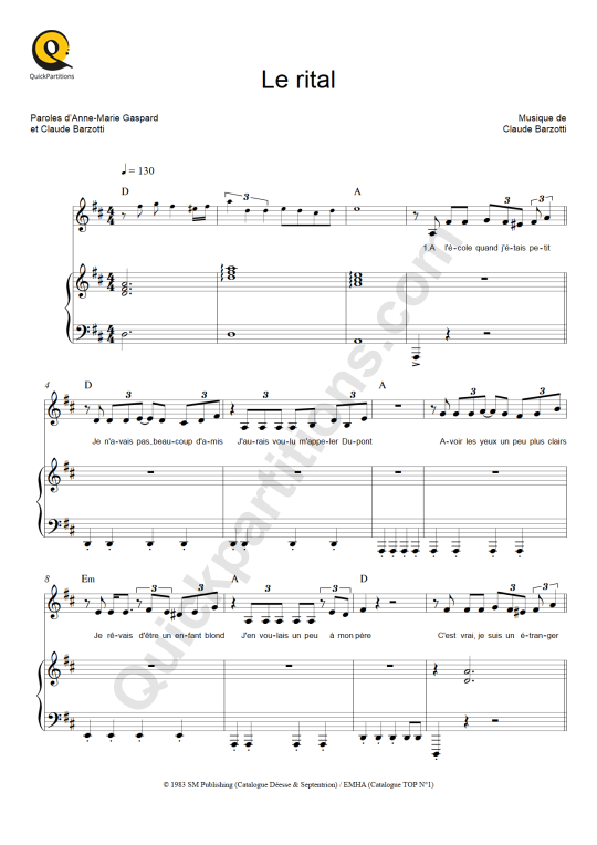Partition piano Le rital Claude Barzotti (Partition Digitale)
