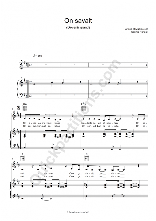 Partition piano On savait (Devenir grand) de La grande Sophie