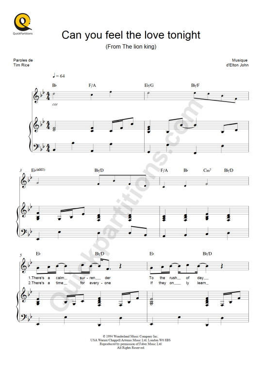 Partition piano Can you feel the love tonight Elton John (Partition