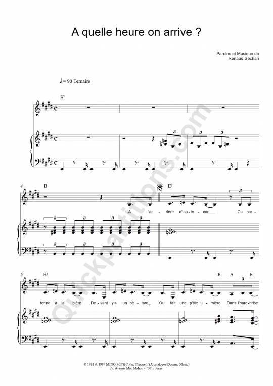 Partition piano A quelle heure on arrive Renaud