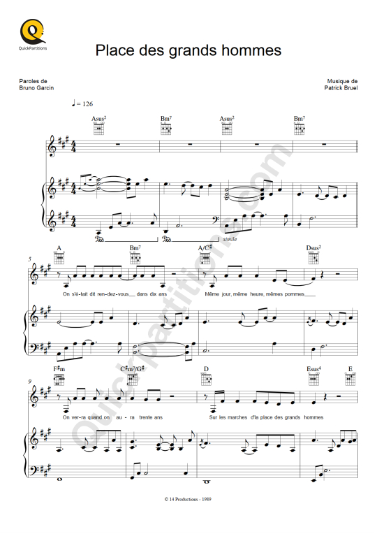 Partition piano Place des grands hommes Patrick Bruel (Partition