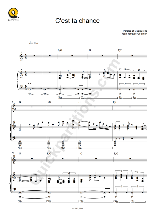 Partition piano C'est ta chance JeanJacques Goldman (Partition Digitale)