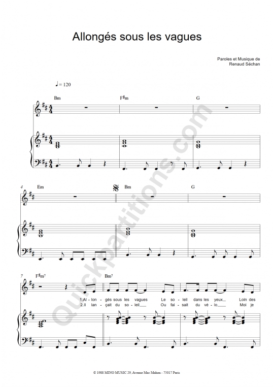 Partition piano Allongés Sous Les Vagues Renaud (Partition Digitale)