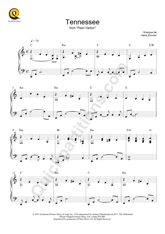 Tennessee (Pearl Harbor) Piano Sheet Music Hans Zimmer (Digital Sheet