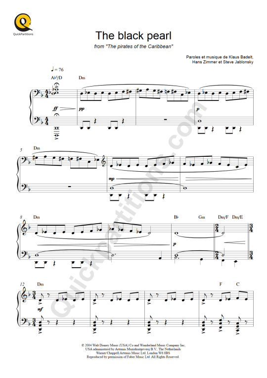 Partition piano pirate des caraibes