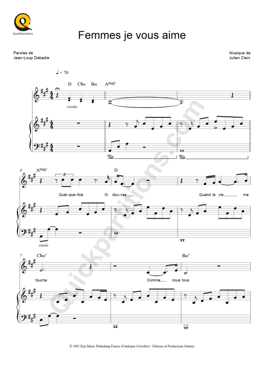 Partition piano Femmes je vous aime de Julien Clerc