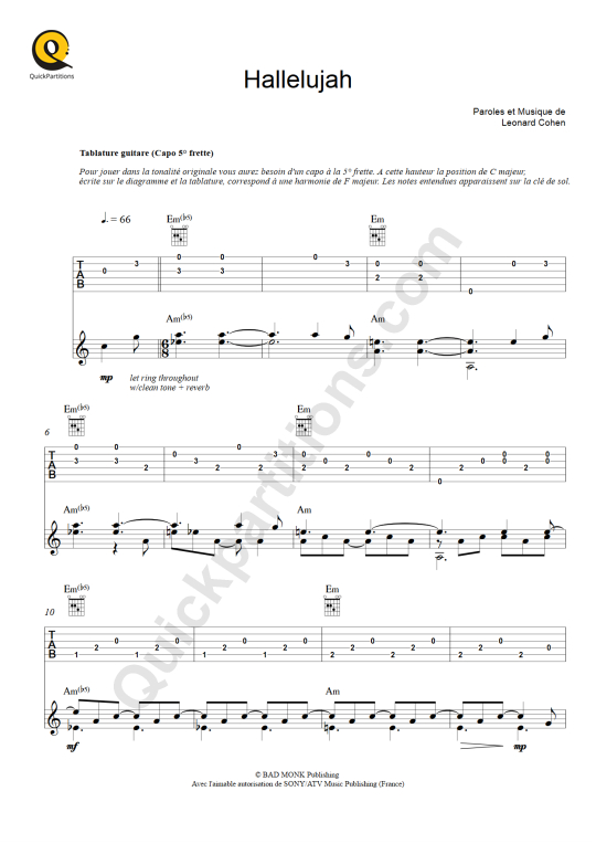 Tablature Guitare Hallelujah Jeff Buckley (Partition Digitale)