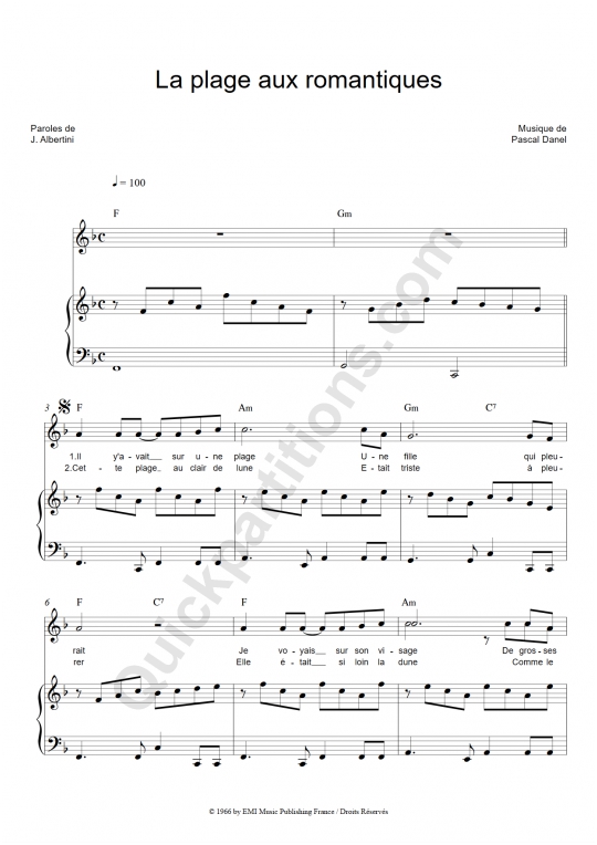 Partition Piano La Plage Aux Romantiques Pascal Danel (Partition