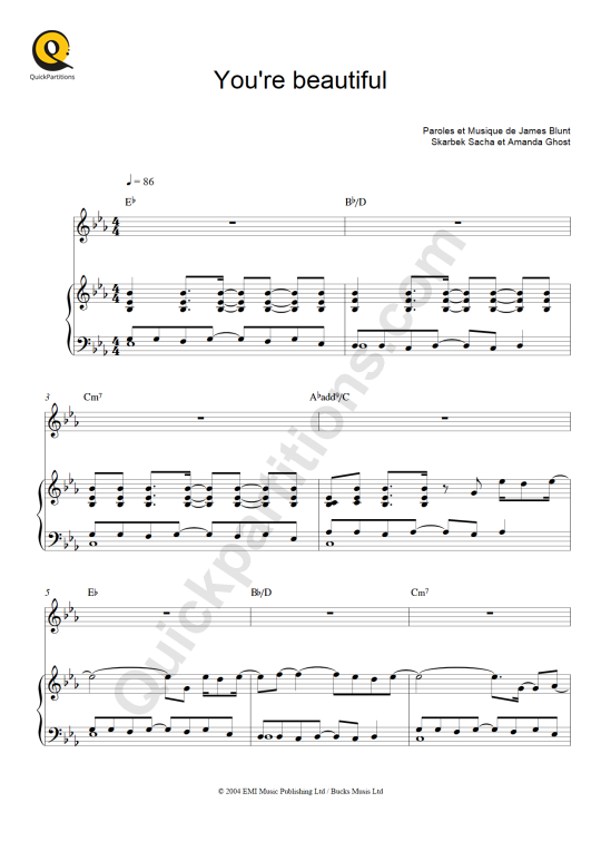 Partition piano You're Beautiful James Blunt (Partition Digitale)