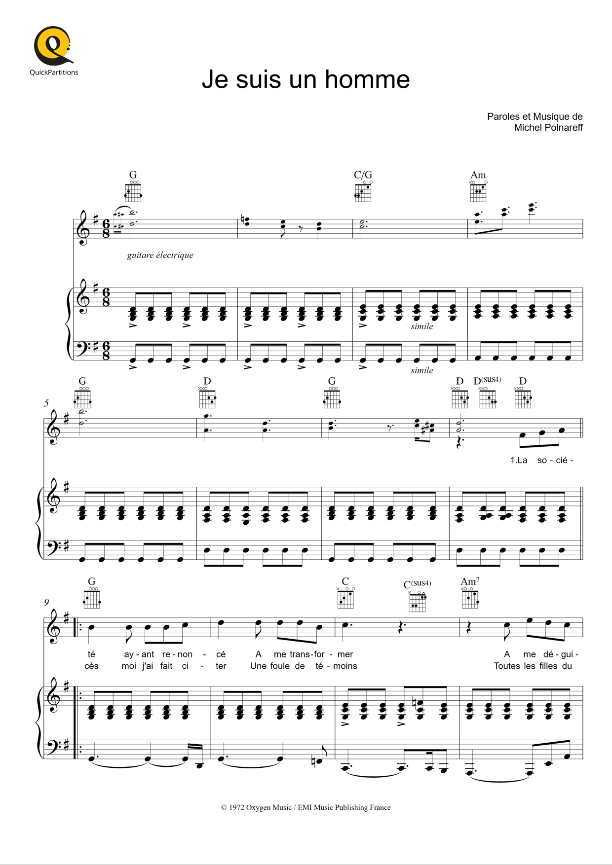 Partition piano Je suis un homme Michel Polnareff (Partition Digitale)