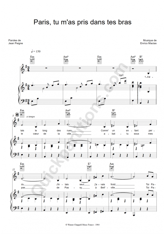 Partition piano Paris tu m'as pris dans tes bras Enrico