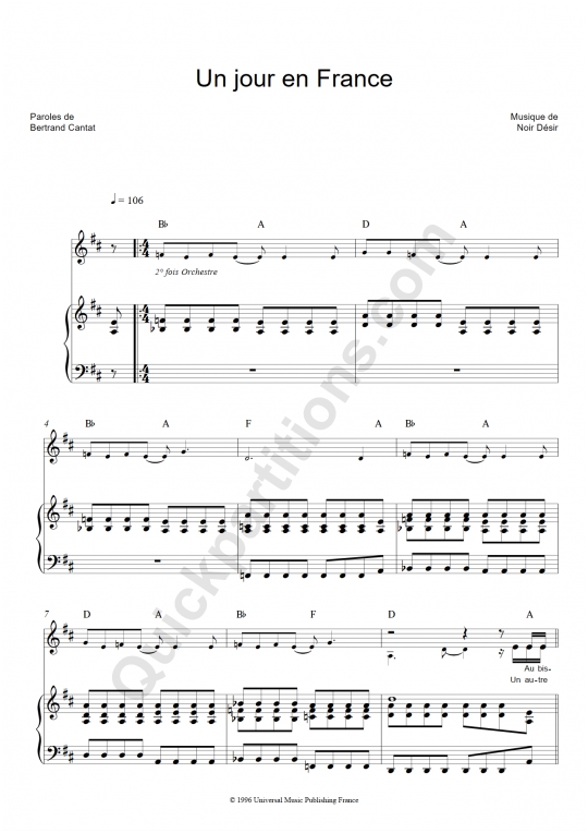 Partition Piano Un Jour En France Noir désir (Partition Digitale)