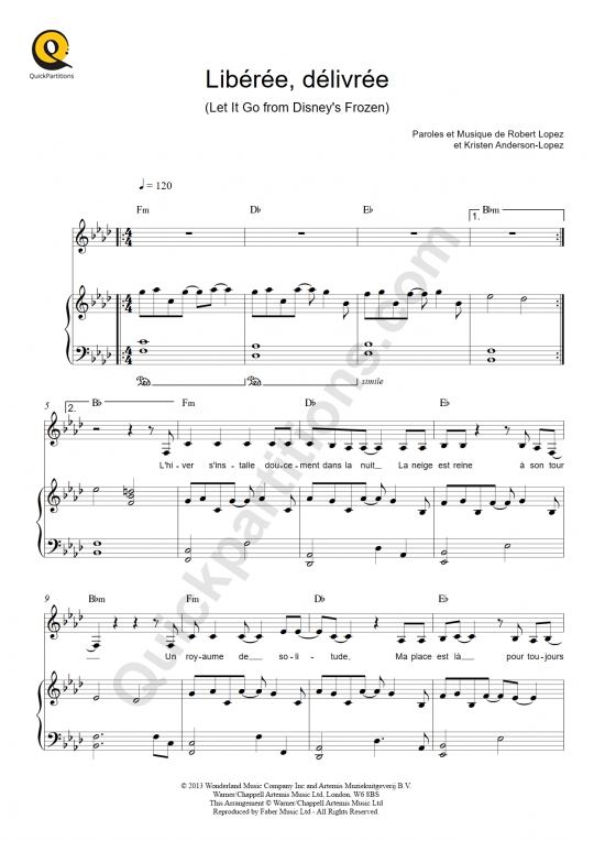 Libérée, Délivrée (Let It Go) Piano Sheet Music La Reine des neiges