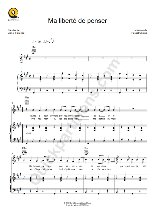 Partition piano Ma liberté de penser Florent Pagny (Partition Digitale)