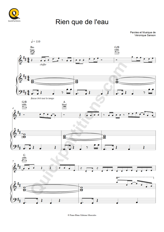Partition piano Rien que de l'eau Véronique Sanson (Partition Digitale)