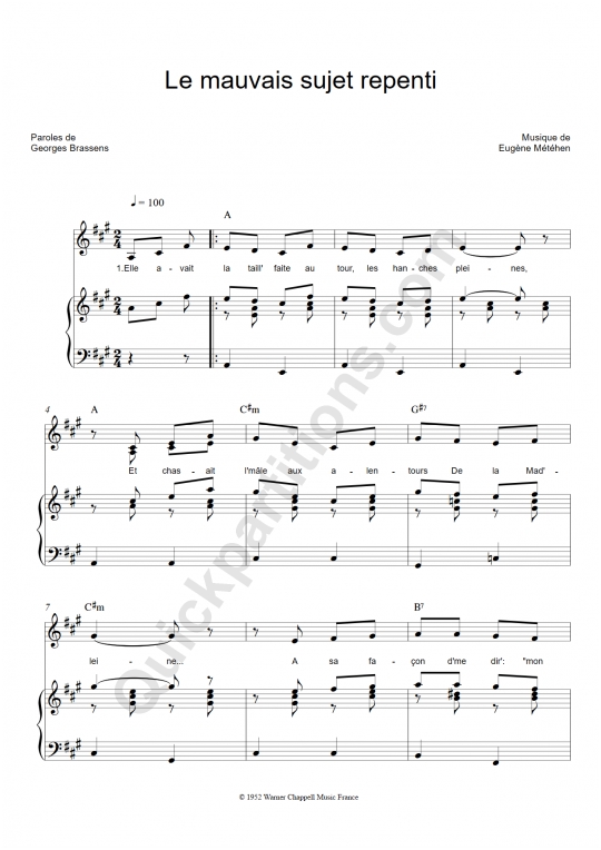 Partition piano Le Mauvais Sujet Repenti Brassens (Partition
