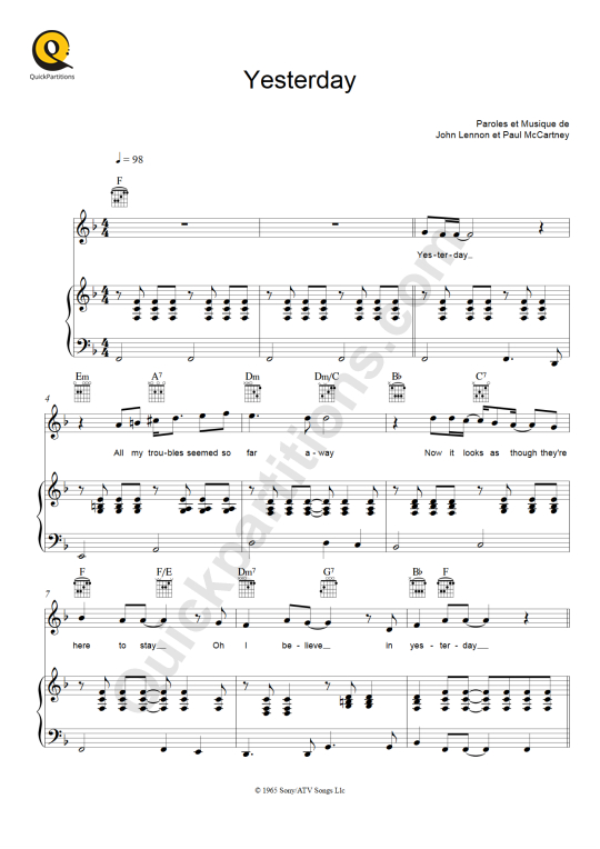Partition piano Yesterday The Beatles (Partition Digitale)