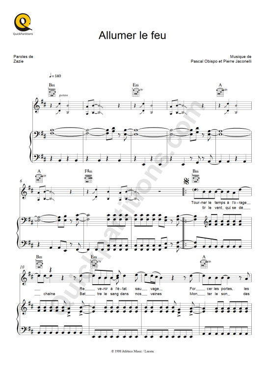 Partition piano Allumer le feu de Johnny Hallyday