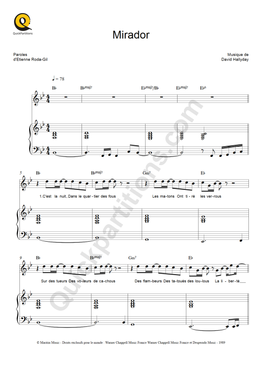 Partition Piano Mirador Johnny Hallyday (Partition Digitale)