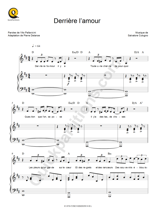 Partition piano Derrière l'amour de Johnny Hallyday