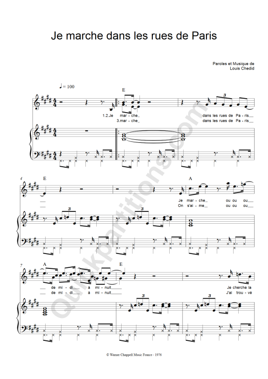 Partition piano Je marche dans les rues de Paris Louis Chedid