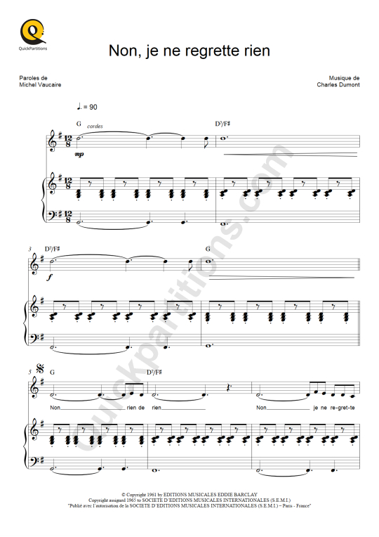 Partition Piano Non, je ne regrette rien Edith Piaf (Partition Digitale)