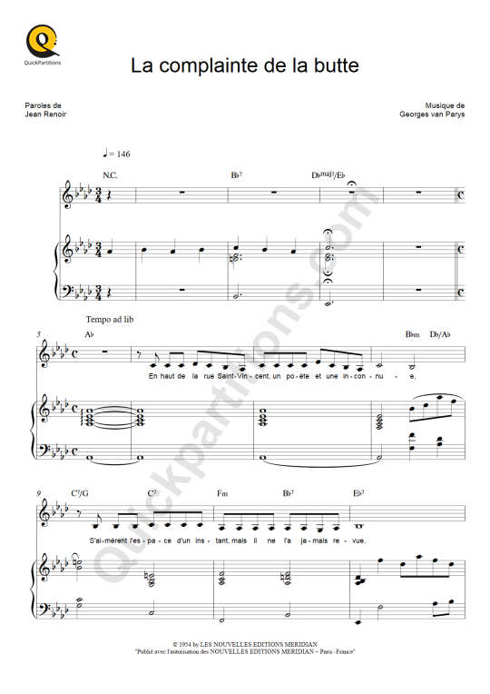Partition piano La complainte de la butte de Cora Vaucaire