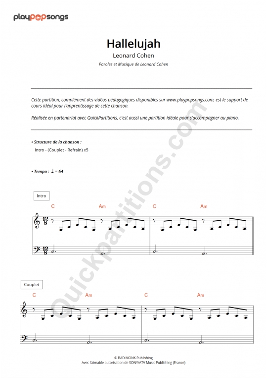 Support de cours Hallelujah PlayPopSongs (Partition Digitale)