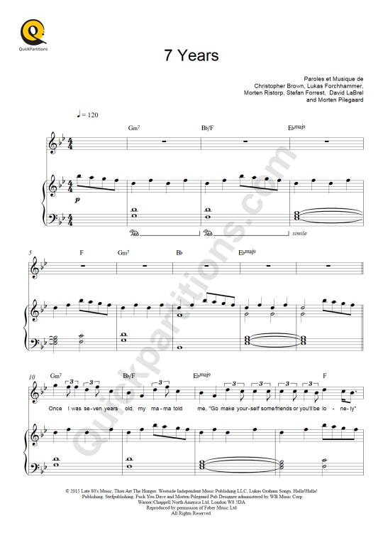 Partition piano 7 Years Lukas Graham (Partition Digitale)