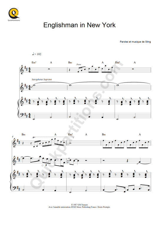 Partition piano Englishman in New York de Sting
