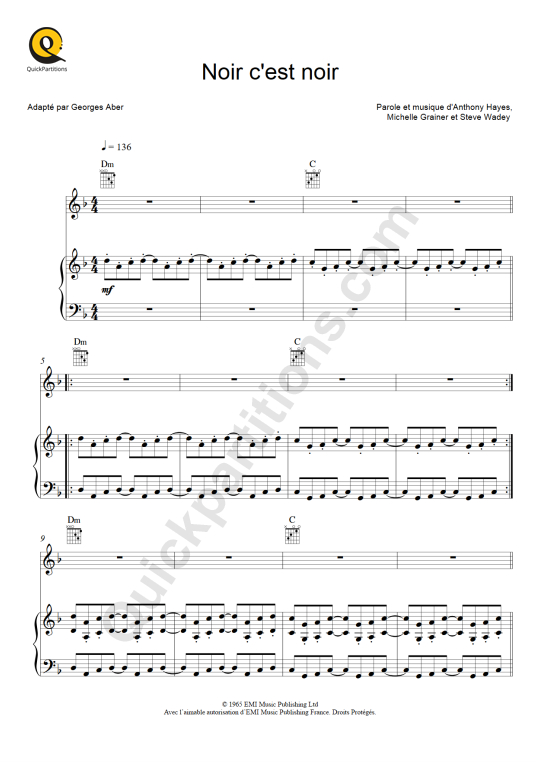 Partition piano Noir c'est noir de Johnny Hallyday