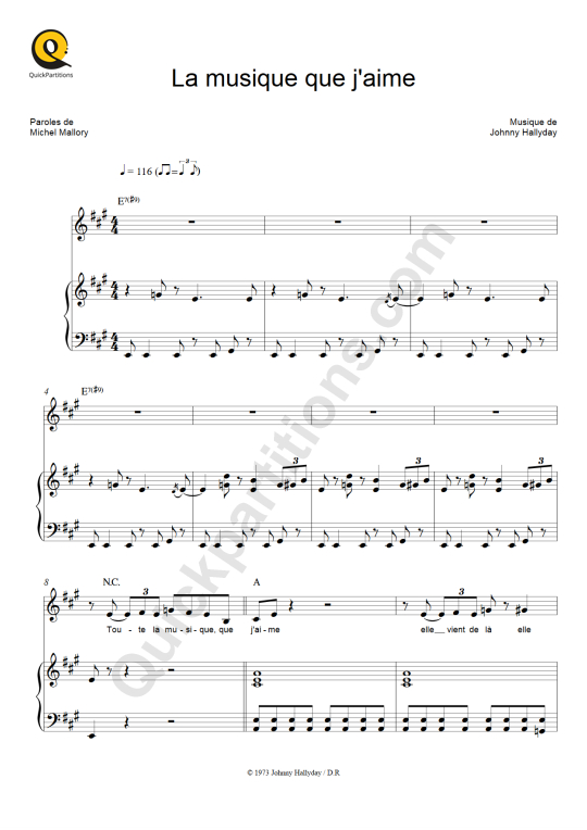 Partition piano La musique que j'aime de Johnny Hallyday
