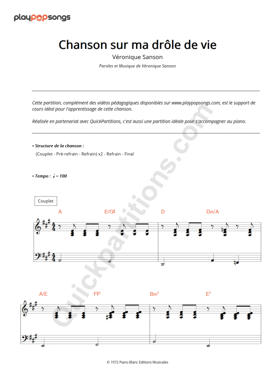 Support de cours Chanson sur ma drôle de vie PlayPopSongs (Partition