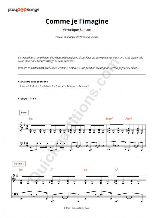Partition piano Comme je l'imagine PlayPopSongs (Partition Digitale)
