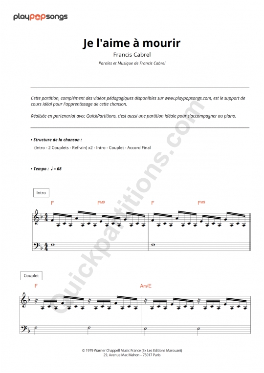 Support de cours Je l'aime à mourir de PlayPopSongs