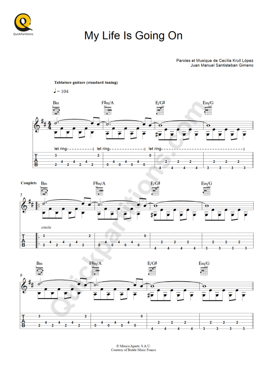 Tablature Guitare My Life Is Going On Cecilia Krull (Partition Digitale)