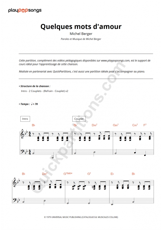 Support de cours Quelques mots d'amour de PlayPopSongs