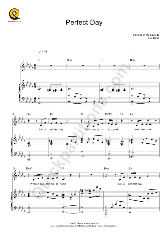 Partition piano Perfect Day Lou Reed (Partition Digitale)