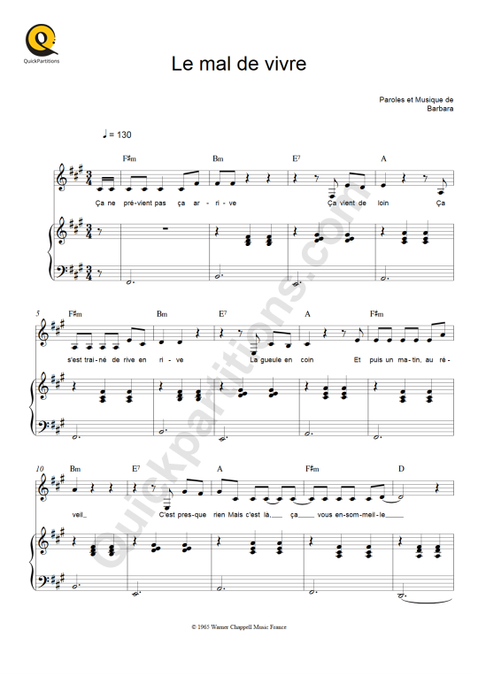 Partition Piano Le Mal De Vivre Barbara (Partition Digitale)