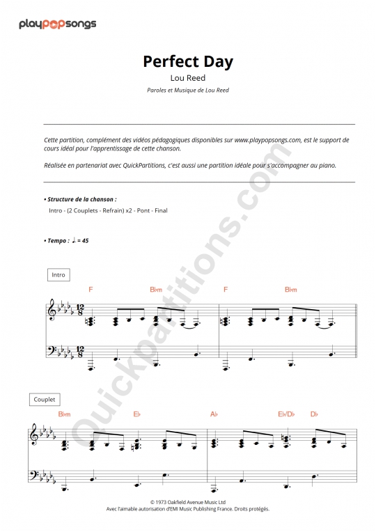 Support de cours Perfect Day PlayPopSongs (Partition Digitale)