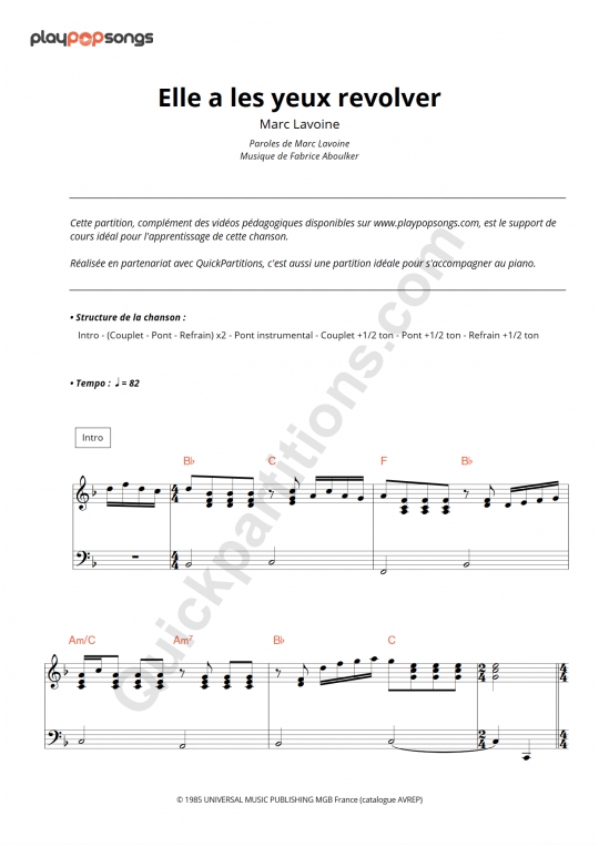 Support de cours Elle a les yeux revolver PlayPopSongs (Partition